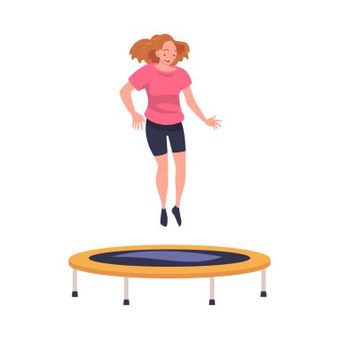 Excited Woman Character Jumping and Bouncing on Trampoline Engaged in Recreational Activity Vector Illustration. Laughing Female Leaping and Having Fun clipart