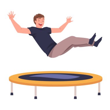 Neşeli Adam Trambolinde Zıplıyor ve Zıplıyor Eğlence amaçlı Aktivite Vektörü İllüzyonuna Bağlandı. Gülen Erkek Sıçrıyor ve Eğleniyor