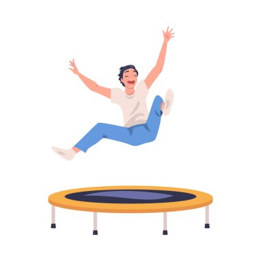 Neşeli Adam Trambolinde Zıplıyor ve Zıplıyor Eğlence amaçlı Aktivite Vektörü İllüzyonuna Bağlandı. Gülen Erkek Sıçrıyor ve Eğleniyor