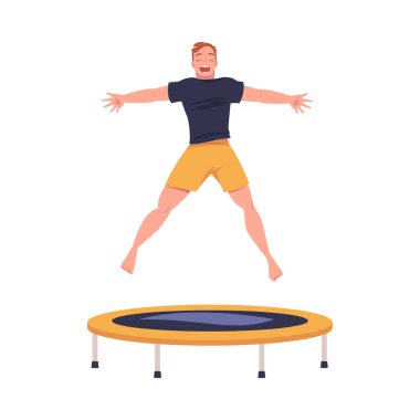 Neşeli Adam Trambolinde Zıplıyor ve Zıplıyor Eğlence amaçlı Aktivite Vektörü İllüzyonuna Bağlandı. Gülen Erkek Sıçrıyor ve Eğleniyor