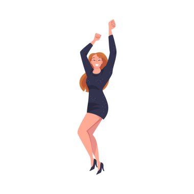 Neşeli ve Heyecanlı Kadın Karakteri Vektör İllüstrasyonunu Kutluyor. Gürültülü Ses Yükselen Elle Genç Kadın Mutluluğu İfade Ediyor