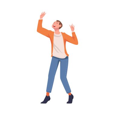 Erkek Karakteri Sevinç ve Heyecan Duyuyor ve Vektör İllüstrasyonunu Kutluyor. Gürültülü Ses Yükselten Elle Genç Erkek Mutluluğu İfade Ediyor