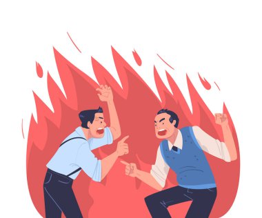 Kızgın Yüzlü Kızgın Adam Ateş Bağırıyor ve Birbirleriyle Çatışan Vektör İllüzyonu. Hırçın Erkek Öfkesi Saldırganlık Konsepti