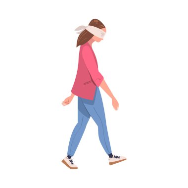 Birilerine Güvenen ve İnanan Bir Şey Vector İllüzyonuna İnanan Kadın Karakteri. Kapalı Gözlü Genç Kadın Yürüyor ve İleriye Doğru İlerliyor Konsepti