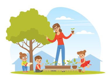 Botanik dersi alan Bayan Öğretmenli Küçük Çocuklar Vektör İllüzyonu İnceleme ve Dinleme Dersi. Anaokulu Çocukları Fizyolojide Doğa Araştırması Yapıyor