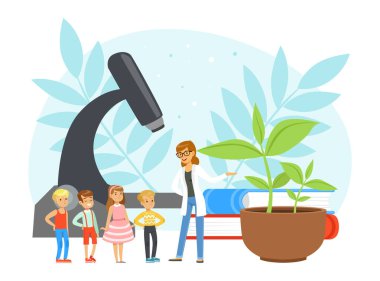 Microscope Vektör İllüzyonu ile Çiçek Saksısı 'nda Botanik Dersi İncelemesi Yapan Küçük Çocuklar. Çocuk Öğrenciler Doğa Konseptini İncelemek İçin Fizyolojiye Başladı