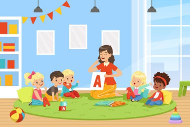 Profesyonel Konuşma Terapisti, Küçük Çocuklara Harflerin Telaffuzunu Öğretiyor Halı Üzerinde Kart Vector Illustration ile Oturuyor. Çocuklu Genç Kadın Anaokulu Dil Terapisi Konseptine Bağlandı