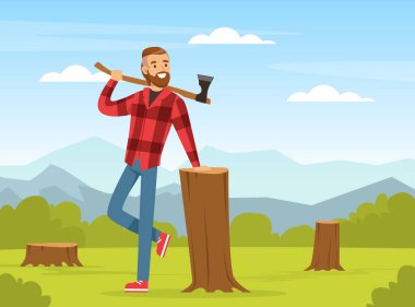 Bearded Man Lumberjack or Woodman in Red Checkered Shirt with Ax Leaning on Tree Stump Vector Illustration. Male Logger or Lumberman Working with Timber and Lumber Concept clipart