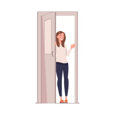 Kapıdaki Kadın Karakteri Evde Vektör İllüzyonuna Giriş. Kapı Yolundaki Genç Kadın Giriş Konseptine Bağlandı