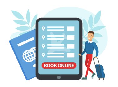 Smartphone ve Pasaport Vektörü İllüstrasyonunda Mobil Uygulamayı kullanarak Online Bavul Rezervasyon Uçuş Şirketi İşadamı. Genç Erkek İş Yolculuğu Yapıyor