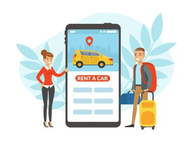Smartphone Vector Illustration 'da Araba Kiralama Mobil Uygulaması kullanan Genç adamla araba paylaşımı. Gülümseyen Kadın Ajan Şehir Yolculuğu Konsepti için Erkek Taşımacılık Teklif Ediyor
