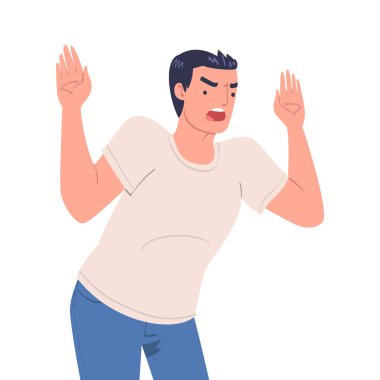 Öfkeli Yüzü Bağıran ve Tartışan Bir Vektör İllüzyonu ile Çatışan Kızgın Adam. Kaş çatan Genç Erkek Öfkesi Saldırganlık Konsepti