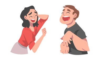 Gürültülü Adam ve Kadın Karakteri Komik ve Eğlenceli Vektör Seti. Erkek ve Kadın Kükreyen Kahkaha ve Şakaya Kikirdeyen