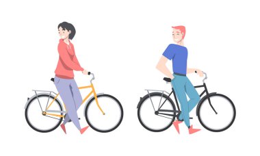 Gülümseyen Adam ve Kadın Bisikletin Yanında Duruyor Tatilin keyfini çıkarıyor ya da Haftasonu Etkinlik Göstergesi Seti. Bisikletli Genç Erkek ve Kadın Bisikletçi Yaz Eğlencesi Konsepti