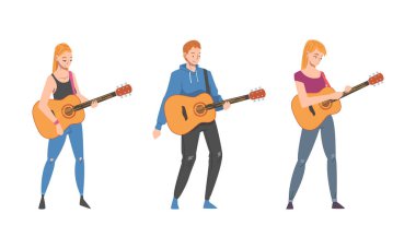 Genç Adam ve Kadın Müzisyen Karakter Karakteri Gitar çalan Sokak Konseri Vector Set. Müzikal Enstrümanlı Erkek ve Kadın Sanatçı