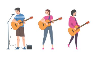 Genç Adam ve Kadın Müzisyen Karakter Karakteri Gitar çalan Sokak Konseri Vector Set. Müzikal Enstrümanlı Erkek ve Kadın Sanatçı