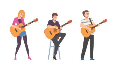 Genç Adam ve Kadın Müzisyen Karakter Karakteri Gitar çalan Sokak Konseri Vector Set. Müzikal Enstrümanlı Erkek ve Kadın Sanatçı