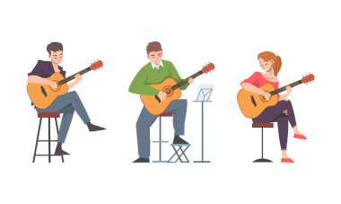 Genç Adam ve Kadın Müzisyen Karakter Karakteri Gitar çalan Sokak Konseri Vector Set. Müzikal Enstrümanlı Erkek ve Kadın Sanatçı