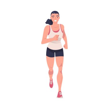Spor Giyim ve Spor Giyiminde Koşan Kadın Karakteri ve Spor Eğitimi ve Spor Vektörü İllüzyonuna Bağlandı. Genç bayan sporcu Kardiyo Fiziksel Egzersizi Yapıyor