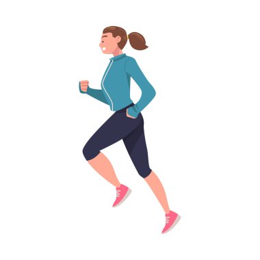 Spor Giyim ve Spor Giyiminde Koşan Kadın Karakteri ve Spor Eğitimi ve Spor Vektörü İllüzyonuna Bağlandı. Genç bayan sporcu Kardiyo Fiziksel Egzersizi Yapıyor