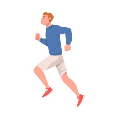 Spor Giyim ve Spor Giysilerinde Çalışan Erkek Karakteri ve Spor Eğitimi ve Spor Vektörü İllüzyonu. Genç Erkek Sporcu Kardiyo Fiziksel Egzersizi Yapıyor