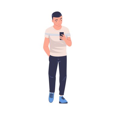 Sokakta Dolaşan Akıllı Telefonlu Yürüyen Adam Karakteri ve Gülümseyen Vektör İllüzyonu. Genç Mutlu Erkek Gevezeliği Haftasonu Etkinliğinde Adımlar Alıyor