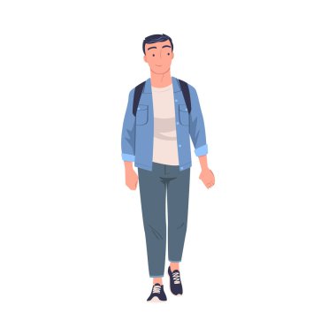 Yürüyen Adam Karakteri Sokakta Geziniyor ve Gülümseyen Vektör Çizimi. Genç Mutlu Erkek Gevezeliği Haftasonu Etkinliğinde Adımlar Alıyor