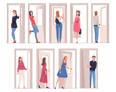 Home Vector Illustration Set 'in Kapı Açma ve Kapama Karakterleri. Kapıdaki Genç Adam ve Kadın Giriş ve Çıkış Konseptine Bağlandı