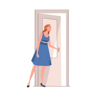 Açık Kapı 'daki Kadın Karakteri Meraklı Vektör İllüstrasyonuyla Gizlice Bakıyor. Kapı Yolundaki Genç Kadın Bakış Konsepti