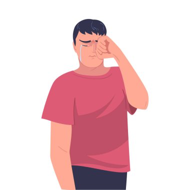 Ağlayan Adam 'ın Ağlayan ve Ağlayan Hüzünlü ve Hüzünlü Vektör İllüzyonu' ndan. Sefil Genç Erkek Zırıltısı ve Dökülen Gözyaşı Kavramı