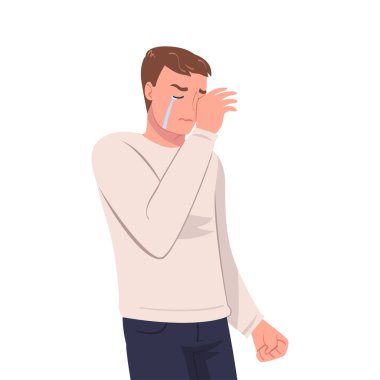 Ağlayan Adam 'ın Ağlayan ve Ağlayan Hüzünlü ve Hüzünlü Vektör İllüzyonu' ndan. Sefil Genç Erkek Zırıltısı ve Dökülen Gözyaşı Kavramı