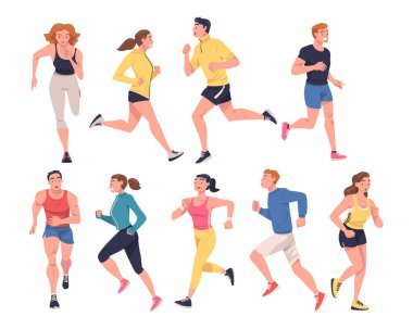 Spor Giyim ve Spor Eğitiminde Çalışan Karakter ve Eğitmenler Spor Vector Set 'e girdi. Genç Erkek ve Kadın Sporcu Kardiyo Fiziksel Egzersizi Yapıyor