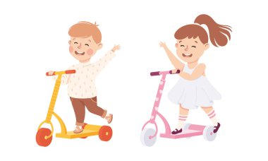 Gülümseyen Oğlan ve Kız Tekmeleyen Scooter 'la Yerden Sallanan El Vektörü Seti' ne doğru itiyorlar. Neşeli Çocuk Sokak Aracında Hareket Ediyor Açık Hava Eğlencesi Etkinliği