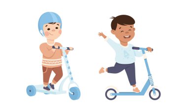 Gülümseyen Çocuk Tekmeleyen Scooter 'la Yer Vector setinden itiyor. Neşeli Çocuk Sokak Aracında Hareket Ediyor Açık Hava Eğlencesi Etkinliği