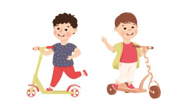 Gülümseyen Çocuk Tekmeleyen Scooter 'la Yer Vector setinden itiyor. Neşeli Çocuk Sokak Aracında Hareket Ediyor Açık Hava Eğlencesi Etkinliği