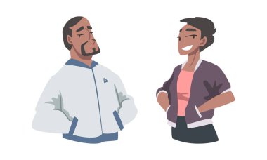 Confident Young Man and Woman Standing with Hands on Hips Expressing Self Pride Vector Set. Proud Male and Female with Conceited Face Expression clipart