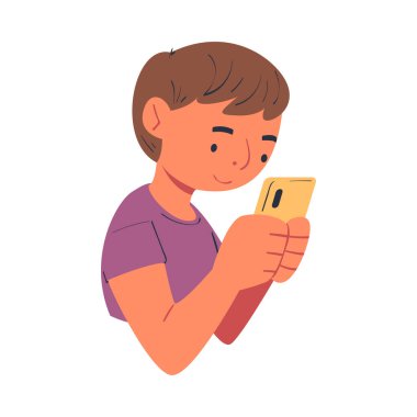 Genç Çocuk, Smartphone ile Arabada Arka Koltukta Oturuyor Yolcu Vektörü İllüzyonu Olarak Seyahat Ediyor. Küçük Çocuk Gezintiye Çıktı ya da Gezintiye Çıktı