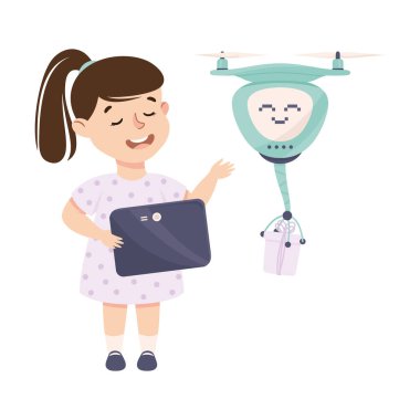 Akıllı Teknoloji ve Yapay Zeka Vektör İllüstrasyonunu kullanarak, Tablet Programlama Robotu ile Küçük Kız. Sibernetik Çalışması ve Bilimi Olan Zeki Çocuk