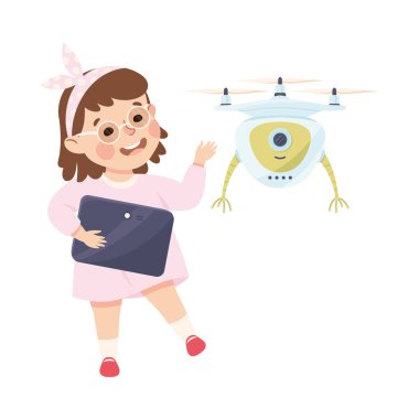 Little Girl with Tablet Programming Drone Robot Using Smart Technology and Artificial Intelligence Vector Illustration. Clever Child Engaged in Cybernetics Study and Science clipart