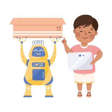 Tablet programlı küçük çocuk karton kutu taşıyan robotu akıllı teknoloji ve yapay zeka vektör ilülasyonu kullanarak taşıyor. Sibernetik Çalışması ve Bilimi Olan Zeki Çocuk