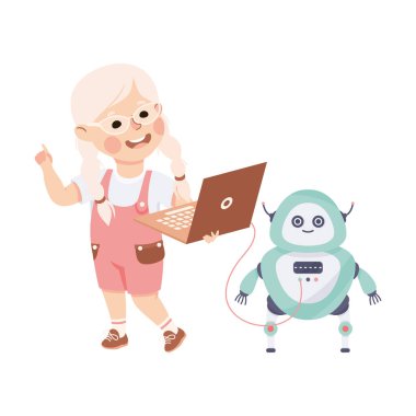 Dizüstü bilgisayarlı küçük bir kız. Robot Mühendisliği Akıllı Teknoloji ve Yapay Zeka Vektör İllüzyonu 'na bağlanıyor. Sibernetik Çalışması ve Bilimi Olan Zeki Çocuk