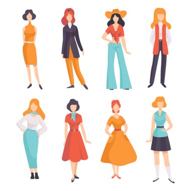 Standing Poose Vector Set 'te 70' lerden kalma Vintage Giyim Giyen Kadın Karakteri. Tarz sahibi Retro Elbise ve Kıyafetli Kadın