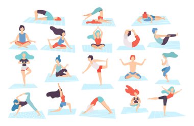 Mat Big Vector Set 'te farklı Asana' yı uygulayan Yoga Yapan Karakterler. Erkek ve Kadın Spor ve Vücut Esneme Eğitiminde