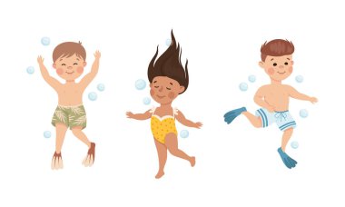 Mayolu Kız ve Oğlan Flippers Vector Set içinde Dalış ve Yüzüyorlar. Mutlu Çocuk Mevsimsel Plaj Tatil Aktivitesi Keyifli