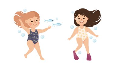 Flippers vektör setiyle mayo giymiş, suda yüzen küçük kız. Mutlu Çocuk Mevsimsel Plaj Tatil Aktivitesi Keyifli