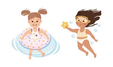 Su vektörü setinde plastik yüzük ve gözlüklerle mayo giyen küçük kız. Mutlu Çocuk Mevsimsel Plaj Tatil Aktivitesi Keyifli