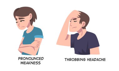 Hasta Adam ve Kadın Zayıflık ve Zonklayan Baş Ağrısı Kalp Çarpması Vektörü Seti. Erkek ve Kadın Sağlık Sorunundan muzdarip