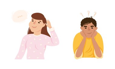 Erkek ve Kadın Düşünüyor ve Bir şeyler Buluyor Fikir Vector Set 'i arıyor. Genç Erkek ve Kadın Bulma Çözümü ve Çözüm Sorusu