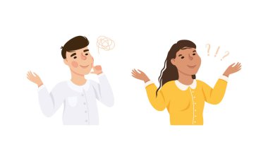 Erkek ve Kadın Düşünüyor ve Bir şeyler Buluyor Fikir Vector Set 'i arıyor. Genç Erkek ve Kadın Bulma Çözümü ve Çözüm Sorusu