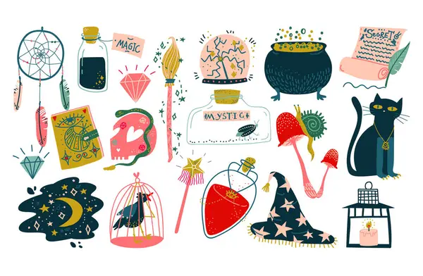Cadılık ve Sihirli Nesneler Kafatası, Zehir, Kazan, Kristal Top, Büyü Kitabı ve Düş Kapanı Büyük Vektör Kümesi. Simya ve Büyücülük Teması